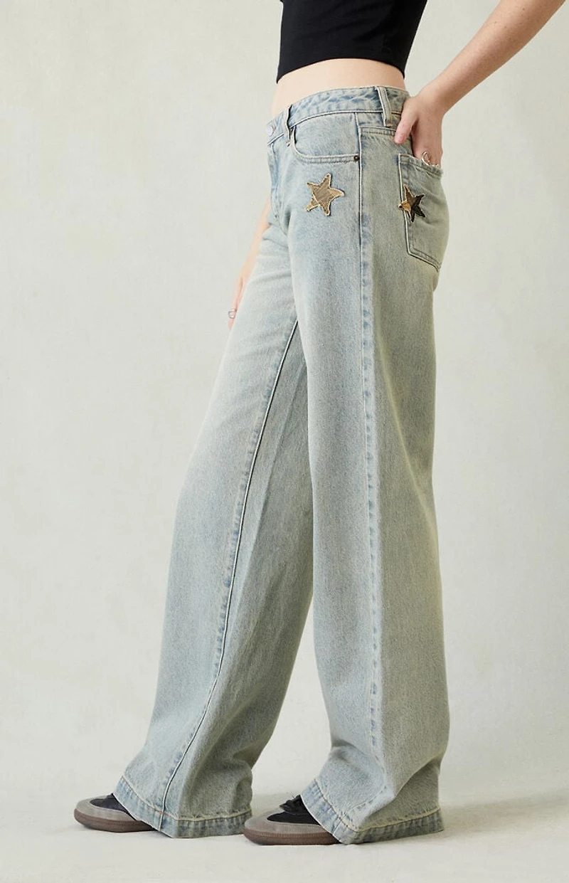 Pacsun Casey Low Rise Baggy Jeans Camo Star Light Indigo
