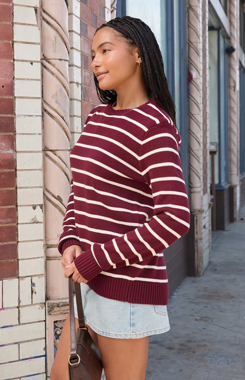 John Galt Burgundy Thin Stripe Crew Neck Sweater