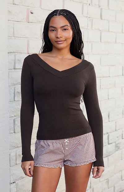 John Galt Brown V-Neck Long Sleeve Top