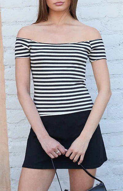 John Galt Black & White Striped Bonnie Off-The-Shoulder Short Sleeve Top