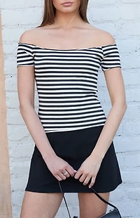 John Galt Black & White Striped Bonnie Off-The-Shoulder Short Sleeve Top