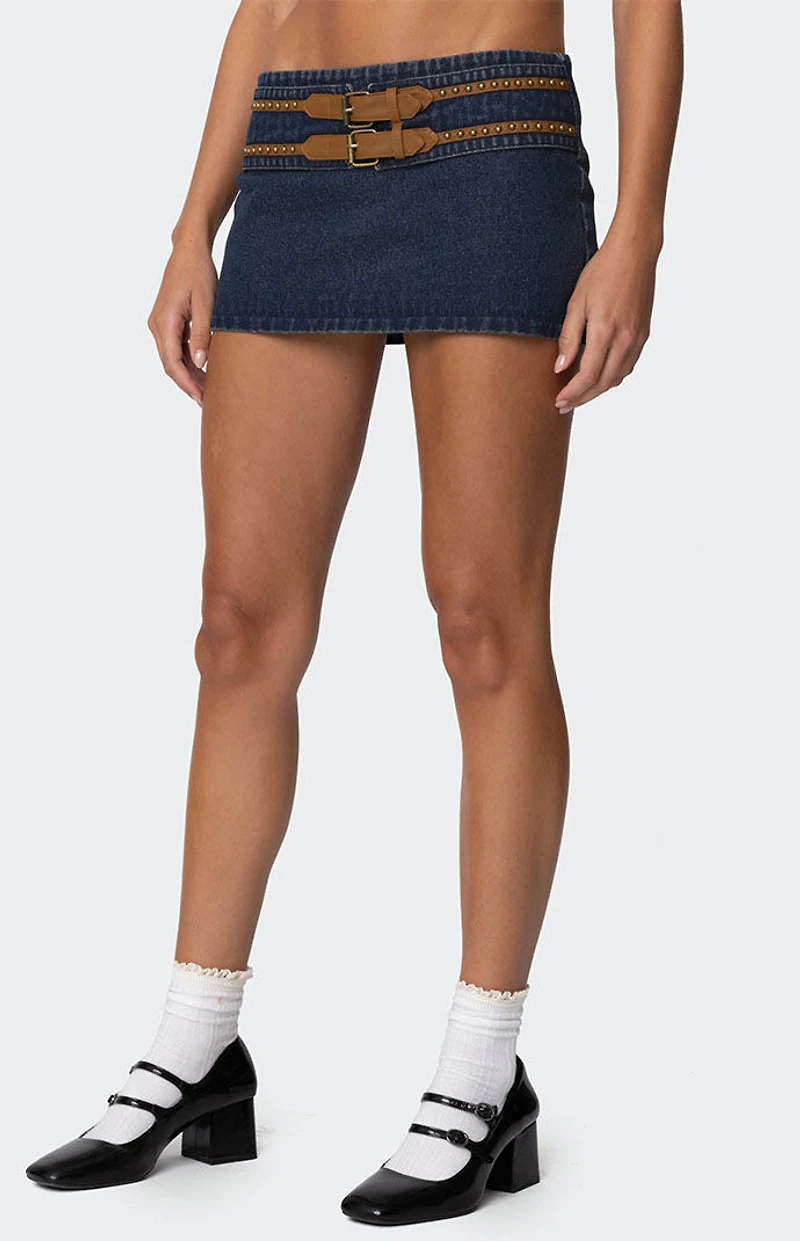Edikted Sky Double Buckle Denim Mini Skort