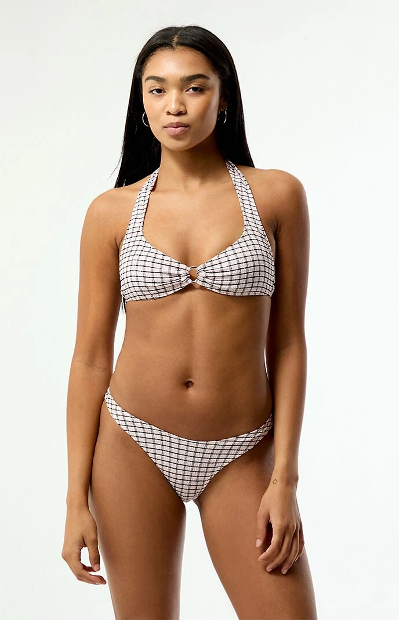 Third Charm Black & Pink Plaid Jade Tie Halter Bikini Top