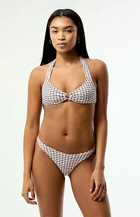 Third Charm Black & Pink Plaid Jade Tie Halter Bikini Top