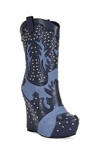 AZALEA WANG Women's Callia Denim Wedge Booties