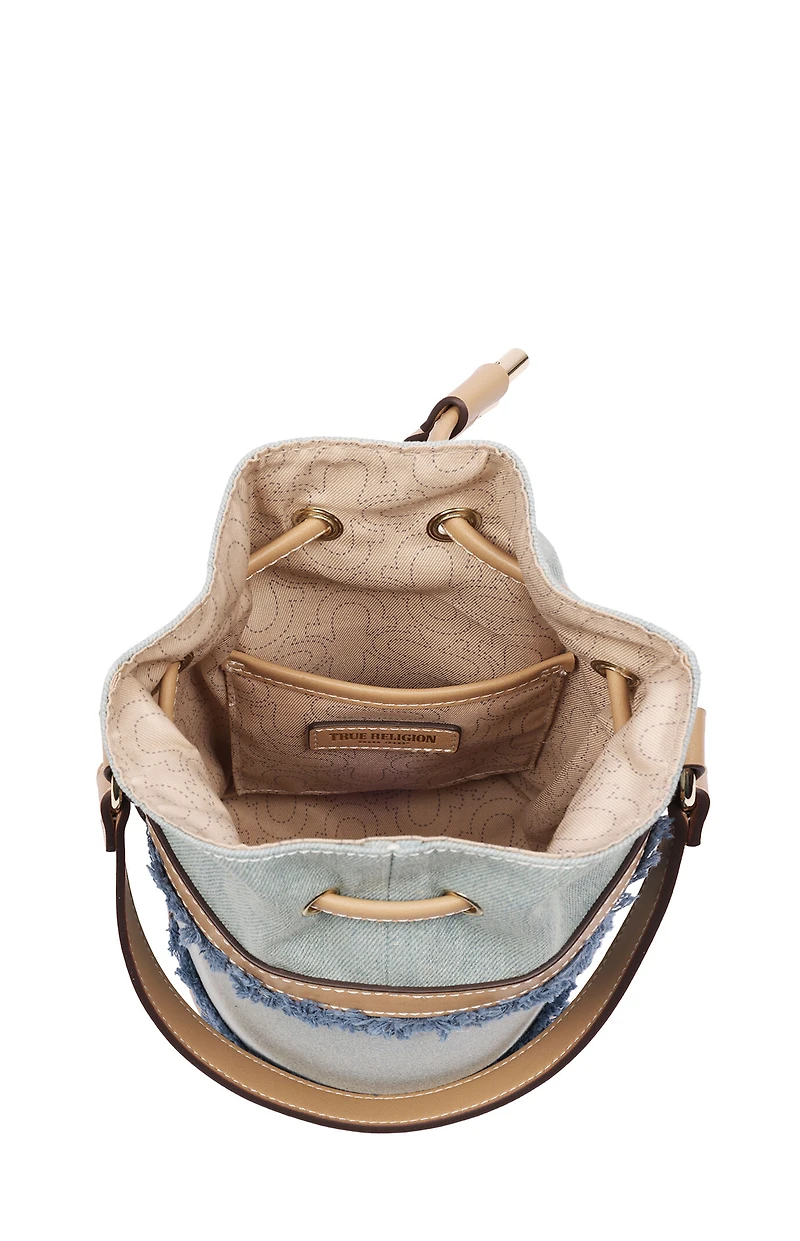 True Religion Buddha Patch Frayed Denim Bucket Bag