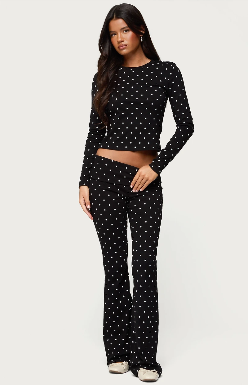 Edikted Daliya Polka Dot Fold Over Flared Leggings