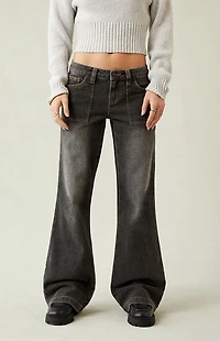 Pacsun Charlie Low Rise Baggy Bootcut Jeans Button Pocket Faded Black