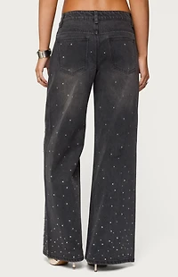 Edikted Rhinestone Low Rise Washed Jeans