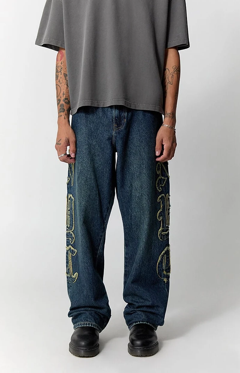 Pacsun Dylan Baggy Jeans Frayed NYC Applique Dark Blue