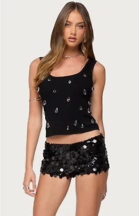 Edikted Zelena Faux Crystal Ribbed Tank Top