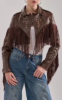 AZALEA WANG Reece Brown Western Fringe Faux Leather Jacket