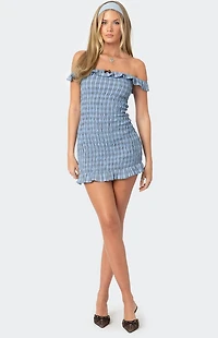 Edikted Off Shoulder Scrunched Plaid Mini Dress