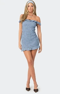 Edikted Off Shoulder Scrunched Plaid Mini Dress