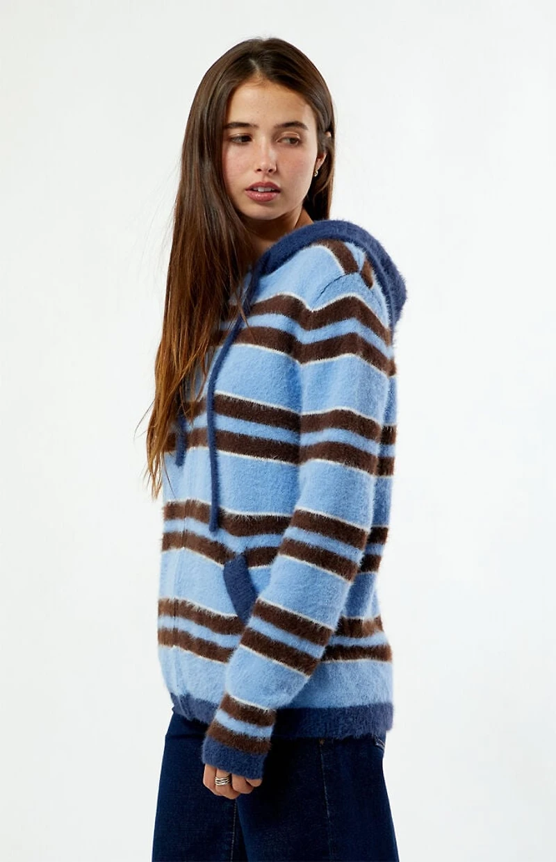 Daisy Street Striped Fluffy Knit Zip Up Hooded Sweater