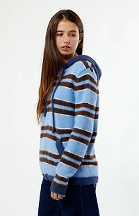 Daisy Street Striped Fluffy Knit Zip Up Hooded Sweater