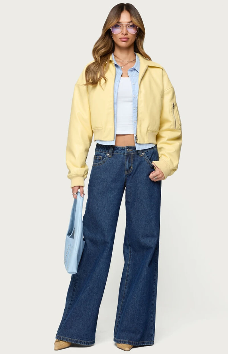 Edikted Zayna Cropped Faux Leather Bomber Jacket