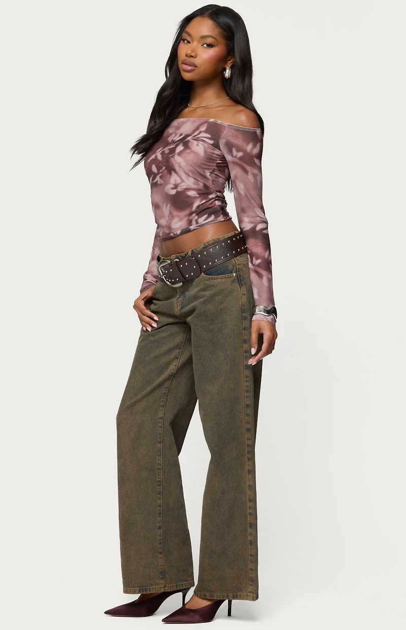 Edikted Off Shoulder Printed Sheer Mesh Top