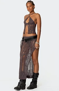 Edikted Jaynie Distressed Knit Maxi Skirt