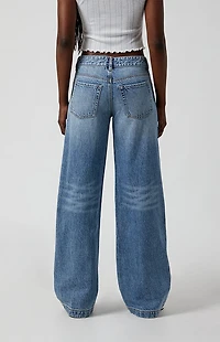 Pacsun Casey Low Rise Baggy Jeans Frayed Flame Patch Medium Indigo