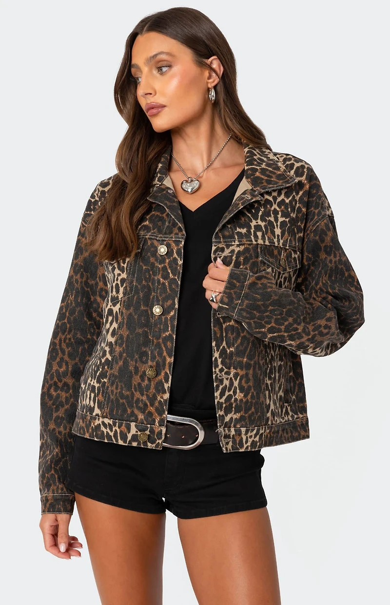Edikted Leopard Print Denim Jacket