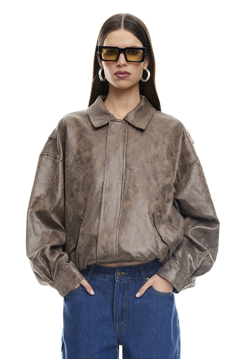 LIONESS Faux Leather Kenny Bomber Jacket