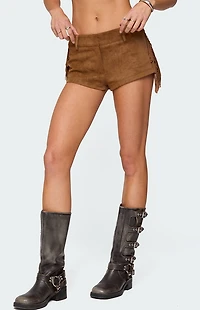 Edikted Sapir Fringe Faux Suede Shorts