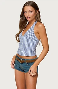 Edikted Evan Gingham Button Up Halter Top