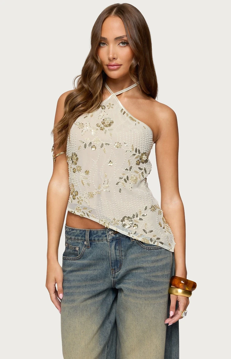 Edikted Beaded Sequin Asymmetric Halter Top