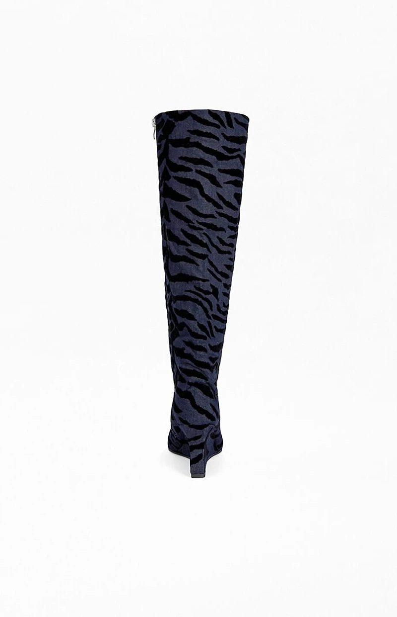 AZALEA WANG Women's Kenya Denim Tiger Wedge Boots
