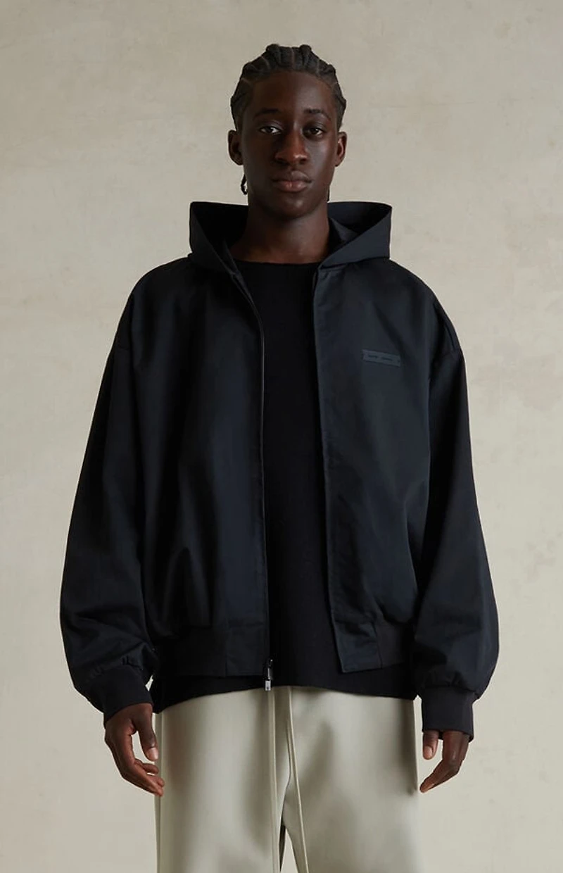 Fear of God ESSENTIALS Jet Black Poly Cotton Twill Zip Up Hoodie