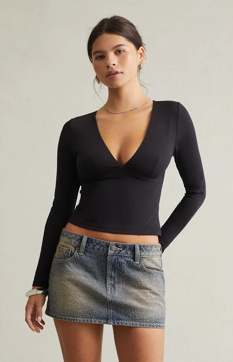 Pacsun Dark Blue Tint Rhinestone Low Rise Denim Micro Mini Skirt