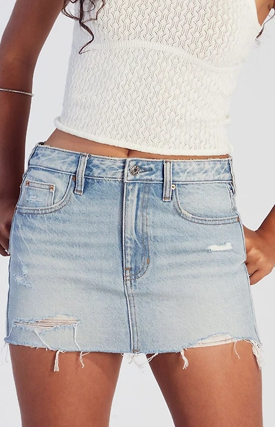 Pacsun Bella Light Indigo Ripped Mid Rise Denim Mini Skirt