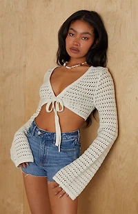 Your Favorite Laguna Crochet Tie Front Long Sleeve Top