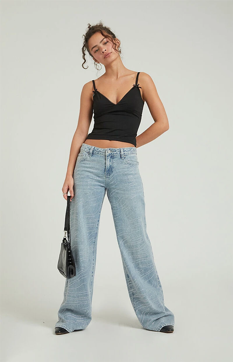 Pacsun Casey Low Rise Baggy Jeans Zebra Rhinestone Light Indigo