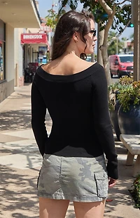 John Galt Black Ribbed Long Sleeve Off-The-Shoulder Top