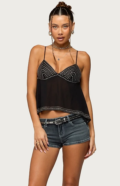 Edikted Studded Asymmetric Sheer Babydoll Top