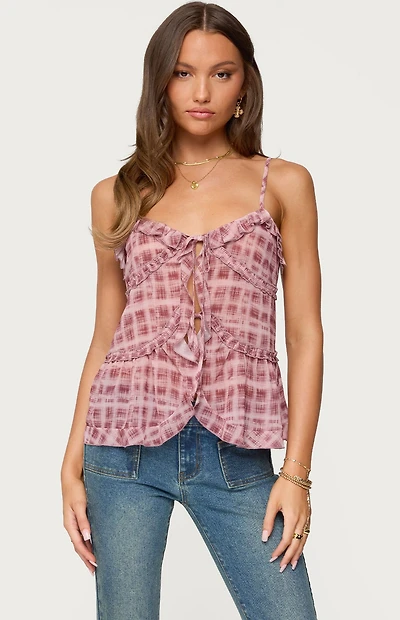 Edikted Chiffon Printed Tie Front Ruffle Top
