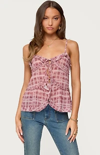 Edikted Chiffon Printed Tie Front Ruffle Top