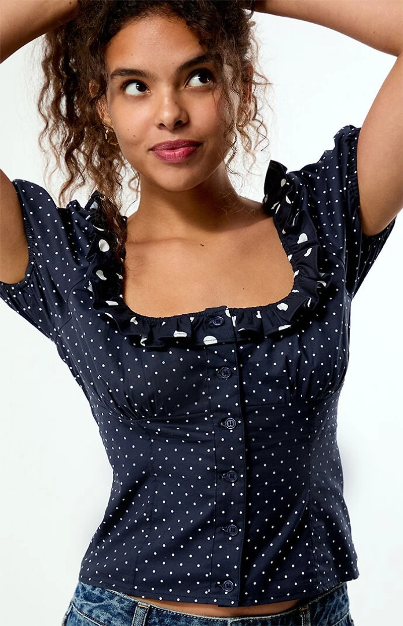 WEWOREWHAT Polka Dot Ruffle Button Up Top