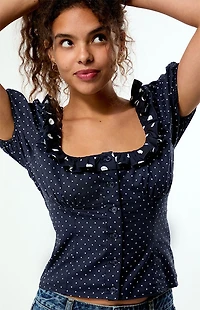 WEWOREWHAT Polka Dot Ruffle Button Up Top