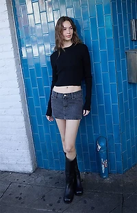 John Galt Black Ribbed Mock Neck Long Sleeve Top