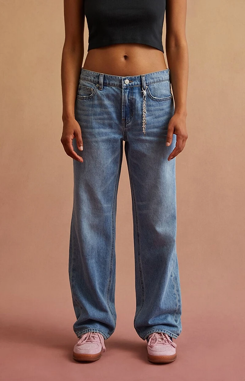 RARE DNM EDIT Light Blue Rhinestone Chain Low Rise Straight Leg Jeans