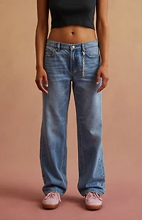 RARE DNM EDIT Light Blue Rhinestone Chain Low Rise Straight Leg Jeans