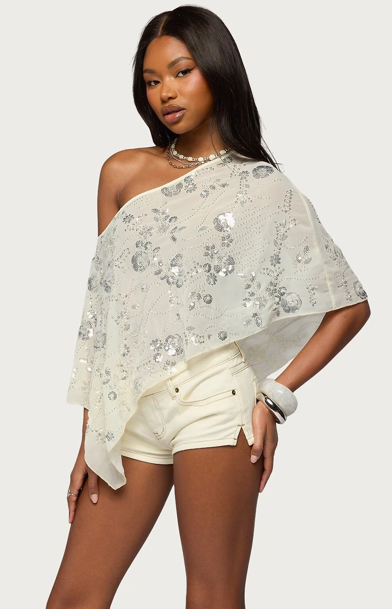 Edikted Triana Bead and Sequin Chiffon Poncho