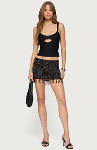 Edikted Alza Sequin Bead Fringed Mini Skirt
