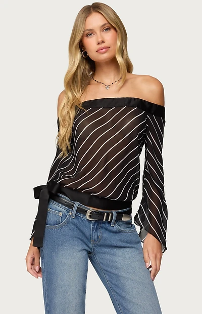Edikted Diagonal Striped Off Shoulder Chiffon Top
