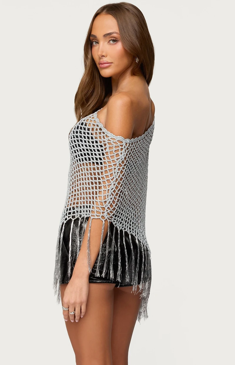 Edikted Evette Fringe Open Knit Metallic Poncho