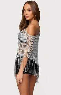 Edikted Evette Fringe Open Knit Metallic Poncho