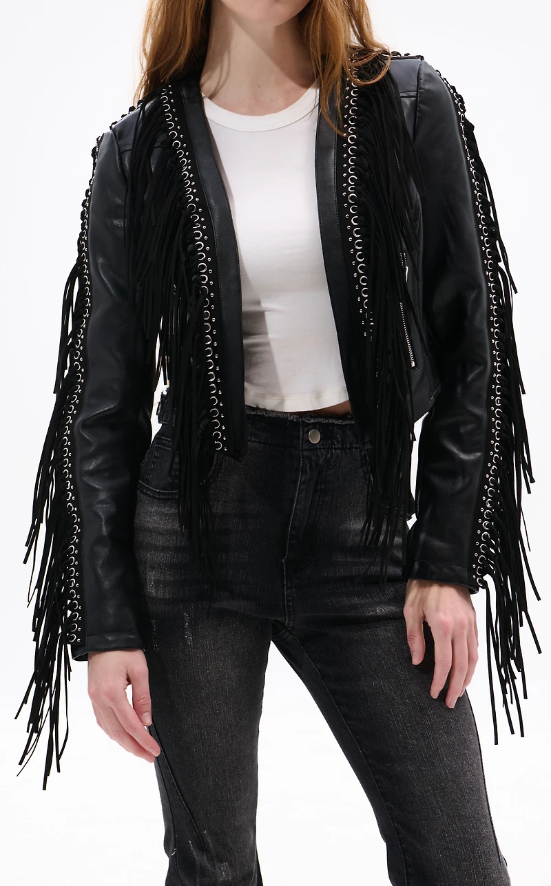 AZALEA WANG Olivier Black Faux Leather Fringe Western Jacket